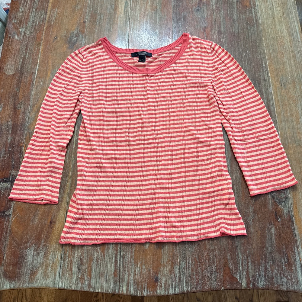 Weekend Max Mara Coral & Tan Striped 3/4 Sleeve Knit Top Lightweight - Size L